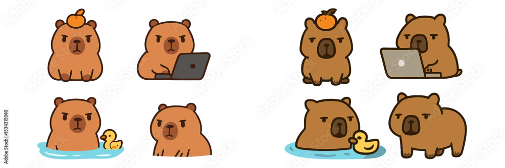 Poster cute flat illustration of bears engaging in various activities including working on a laptop and pla