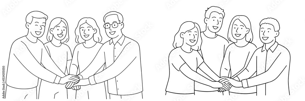 Aufkleber Group of friends celebrating teamwork and unity with hands stacked together in a flat vector illustration