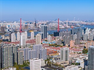 The drone aerial view of Huangpu River and residential district of Pudong, Shanghai. 