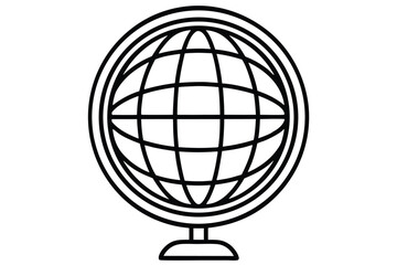 Stylized Desktop Globe with Meridians, Equator, Stand, and Triple Outer Ring in Black Outline