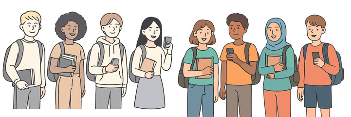Group of diverse students engaged in conversation and using smartphones on campus during daytime