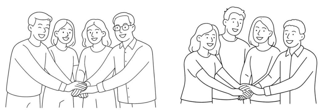Group of friends celebrating teamwork and unity with hands stacked together in a flat vector illustration