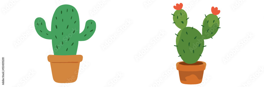 Poster Flat vector illustration of two colorful cacti in pots, showcasing unique shapes and vibrant details in a simple design