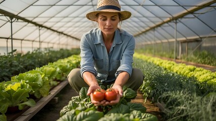 a farmer women harvesting on a sustainable garden