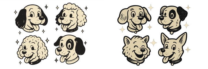 Cute dog illustrations showcase a variety of breeds with playful expressions and cheerful designs in a whimsical style