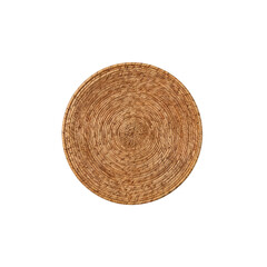 Round woven straw placemat in natural color on white background  