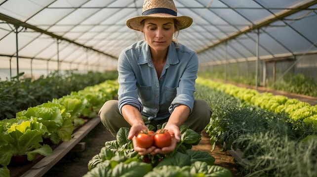 a farmer women harvesting on a sustainable garden