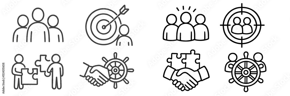 Poster vector flat illustration depicting teamwork and collaboration in achieving goals through various act