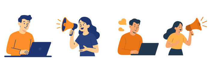 Engaging in communication with a laptop and megaphones in a bright and modern office setting