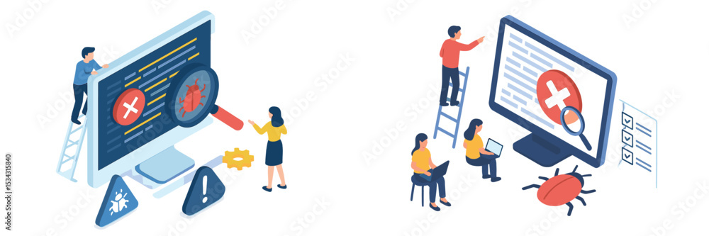Poster Vector illustration of software developers debugging and collaborating on a computer system in a modern office environment