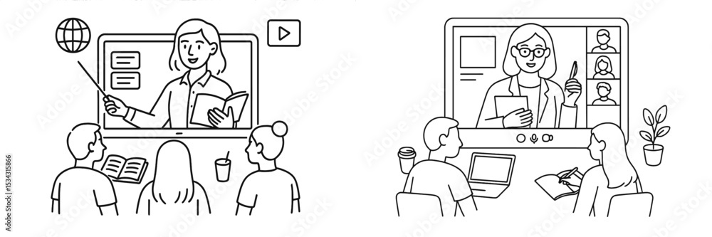 Aufkleber Online learning environment with diverse students engaged in virtual classes and discussions in a modern setting