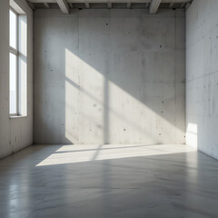 Minimalist empty room with concrete walls and sunlight streaming through windows