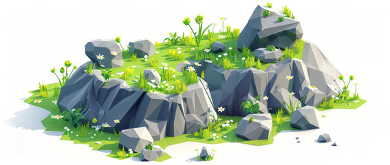 Simple 3D isometric rocks and grass , white background, green moss on cliff