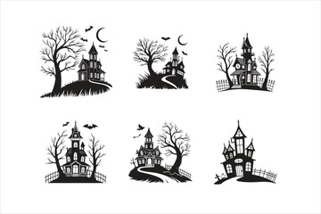 Collection of Spooky Haunted House Silhouettes with Bare Trees and Bats - Halloween Night Designs