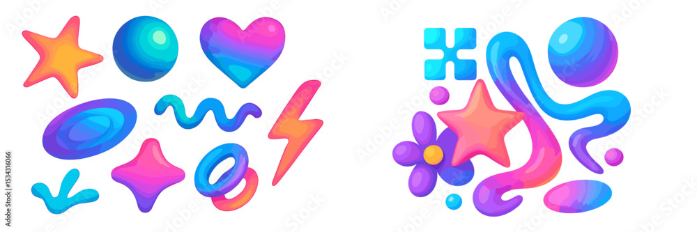 Poster Colorful vector illustration featuring abstract shapes and icons with gradients in a playful arrangement for creative designs
