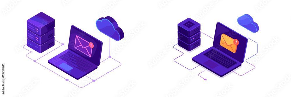 Poster Vector flat illustration showing email communication between a laptop and cloud storage with multiple servers in a digital setting