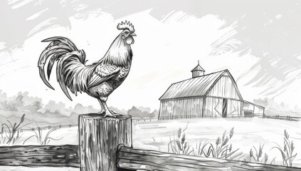 Black and white sketch of rooster on fence post, farm with barn, hand-drawn line art design.