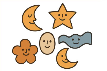 Playful vector flat illustration of cheerful celestial characters in various shapes and colors, featuring the moon, stars, and clouds