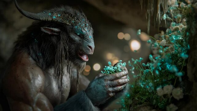 A gentle minotaur-like creature discovering and eating glowing magical plants in a cave.
