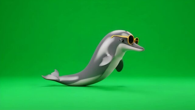 Cool Dolphin in Sunglasses on Green Screen - A cartoon dolphin wearing yellow sunglasses leaps across a bright green screen. The dolphin is video in 3D and is suitable for chroma keying.