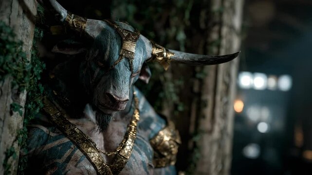 A mythical minotaur with golden armor and tattoos watches from behind a pillar.
