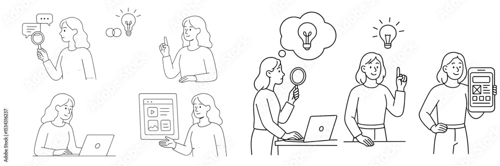Poster Creative brainstorming and problem-solving concepts illustrated through vector flat designs featuring a woman with a laptop