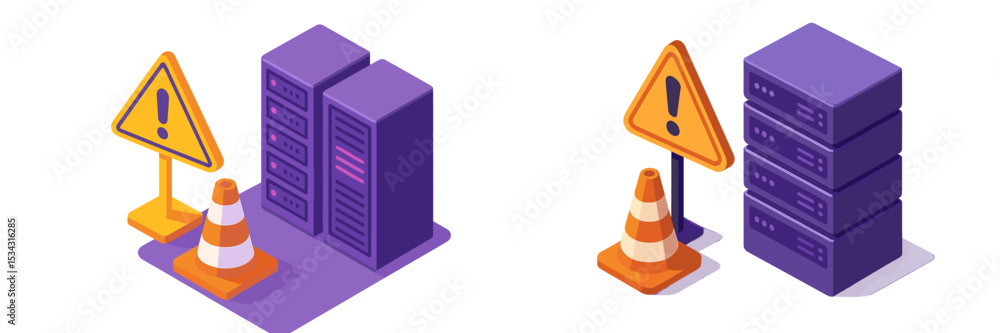 Aufkleber vector flat illustration of server equipment with warning signs indicating construction work in prog