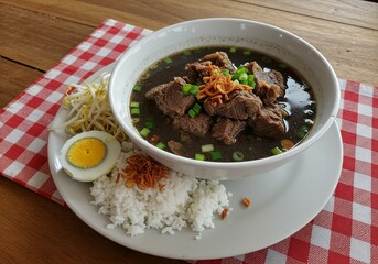 Delicious Indonesian Beef Soup with Rice and Egg
