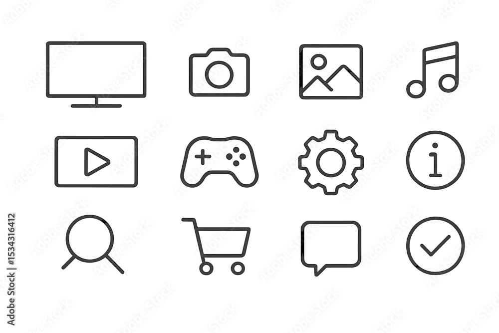 Poster Icons representing various digital media functions and activities for online engagement and navigation