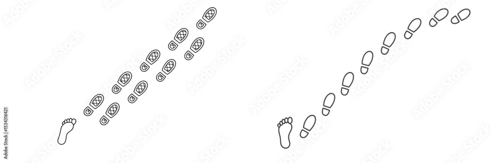 Poster Unique pattern of shoe and barefoot prints on a light background shows movement direction and trail made by travelers