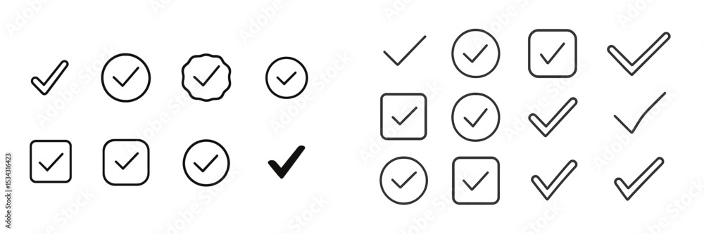 Poster Collection of checkmark icons displayed in different styles and sizes suitable for various design needs