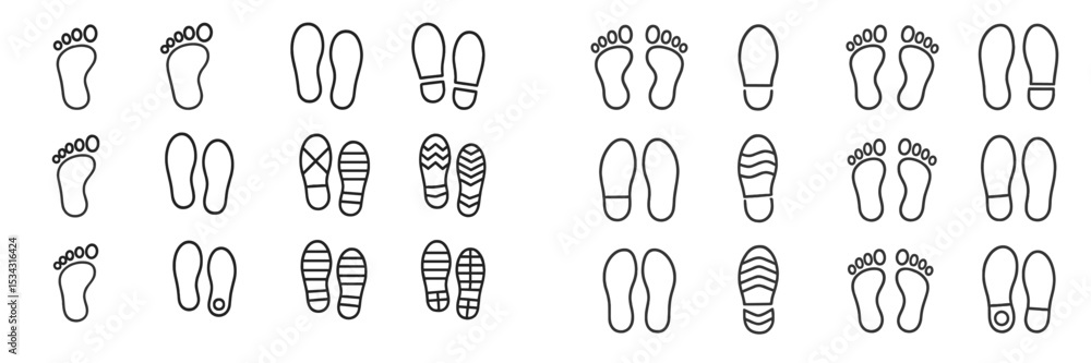 Poster Various footprints displayed in simple line art styles showcasing different types of footwear suitable for design and educational purposes