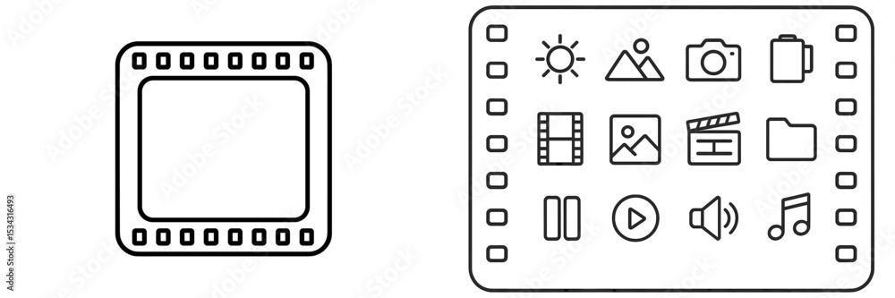Poster vector flat illustration of a film strip with various media icons representing different activities 
