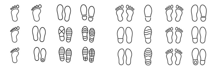 Different types of foot and shoe prints displayed in a simple line drawing style for educational purposes