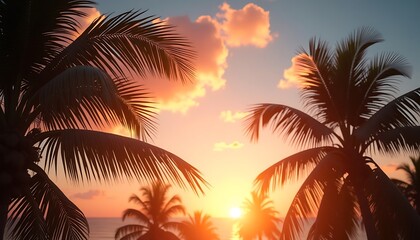 Tropical sunset with silhouette of palm trees and cloudy sky landscape.