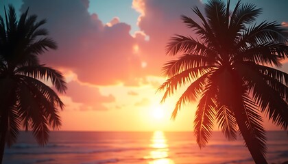 Obraz premium Tropical sunset scene with palm trees, ocean, and colorful sky landscape.