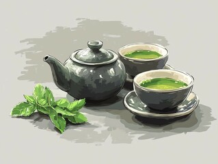 Green tea set with teapot and cups on gray background. Refreshing setup for relaxation or wellness themes. Ideal for tea or calm designs.