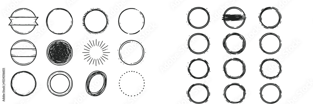 Poster Unique black and white vector flat illustration of various circular badge designs and decorative elements suitable for multiple uses