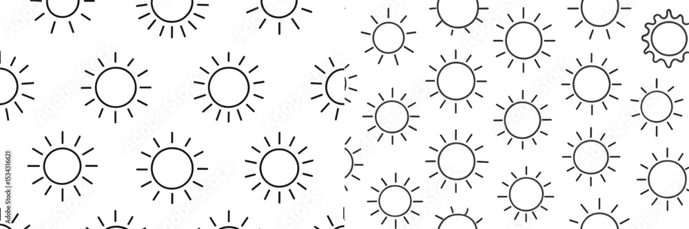 Poster Vector flat illustration of sun pattern design with varying suns and rays in a repetitive layout for summer vibes and cheerful themes