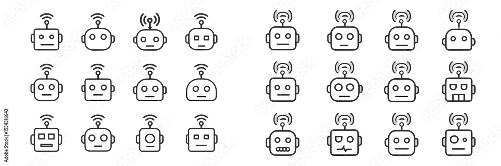 Poster Unique collection of flat design robots showcasing various facial expressions and antenna styles in a creative layout