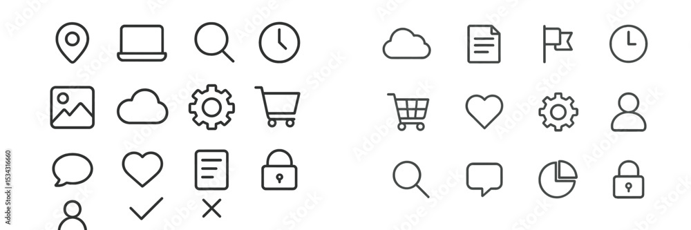 Poster flat vector illustration showcasing various icons related to technology, communication, and tasks in