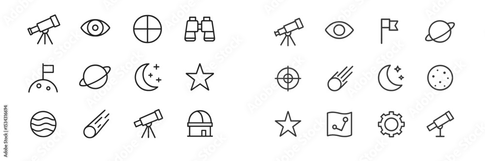 Poster various astronomy and observation icons in a minimalist vector flat illustration for exploring the n