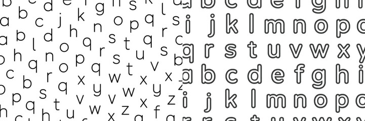 Vector flat illustration depicting letters of the alphabet in various styles on a contrasting background