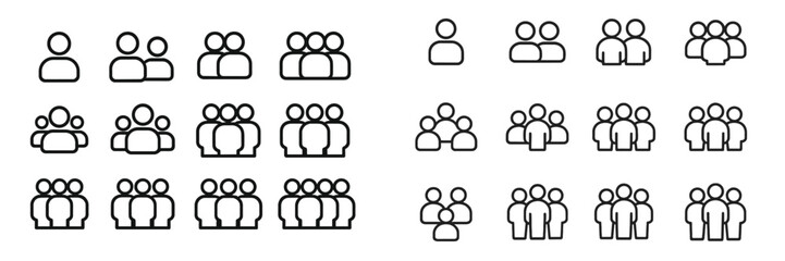Collections of diverse vector flat illustrations depicting groups of people in various configurations and arrangements for use in design projects