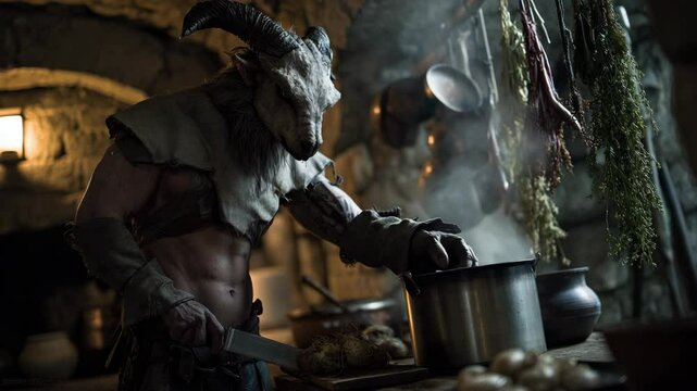A mythical creature takes boiled potatoes out of a steaming pot in a dark kitchen