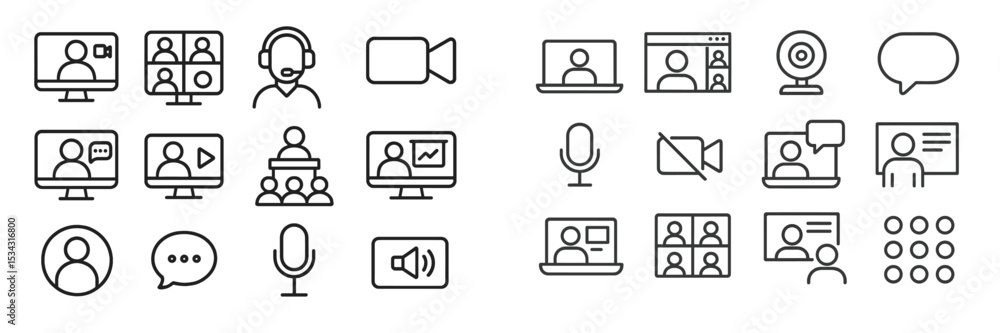Poster digital communication tools and icons for online meetings and presentations in a vector flat illustr