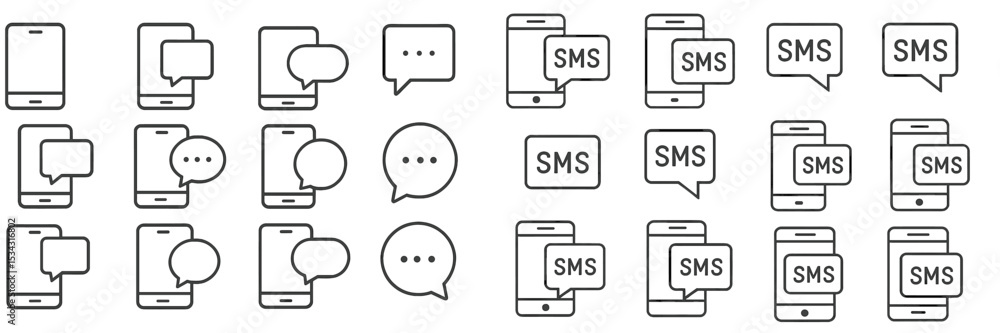 Poster Flat vector illustration depicting multiple smartphones and speech bubbles representing SMS communication and messaging activity