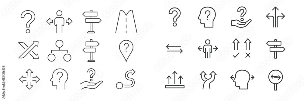 Poster Directional symbols and icons signifying guidance, questions, and navigation in various contexts for simplified communication