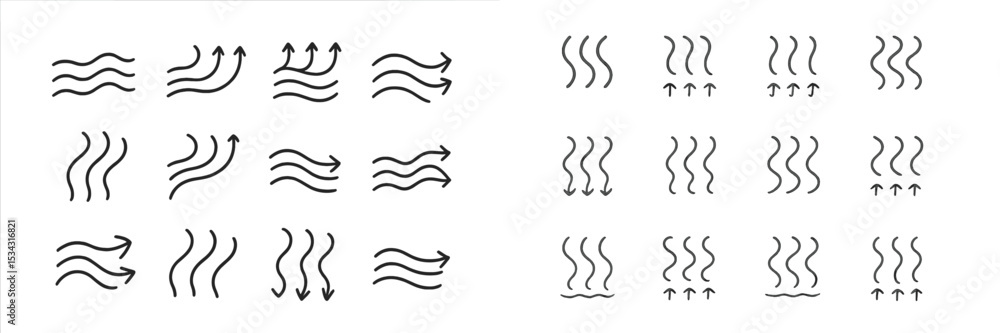 Poster Vector flat illustration of dynamic wave and arrow designs representing various movements and directions for creative projects