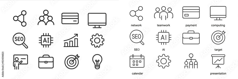 Poster collection of vector flat illustrations representing teamwork, technology, and business concepts in 